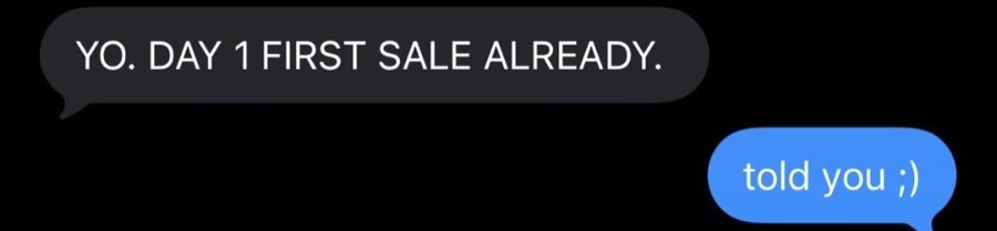 iMessage screenshot: an operator reports their first sale on day 1.